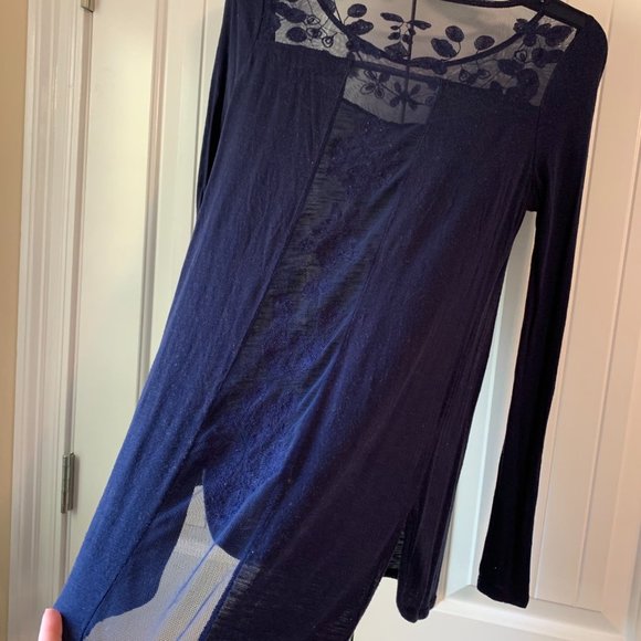 Lauren Conrad Long Sleeve Mesh Knit Navy Blouse - Picture 5 of 8